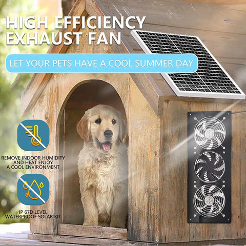 Dog in wooden kennel with Solar Exhaust Fan Kit With 25W Solar Panel And Three Vent Fans Workhorse for ventilation, IP67 waterproof.