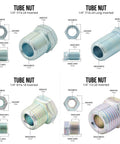 Tube Nut fittings collage: four inverted-flare 1/4 brake-line nuts in sizes 7/16-24, long 7/16-24, 9/16-18, 1/2-20
