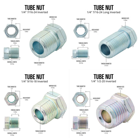 Tube Nut fittings collage: four inverted-flare 1/4 brake-line nuts in sizes 7/16-24, long 7/16-24, 9/16-18, 1/2-20