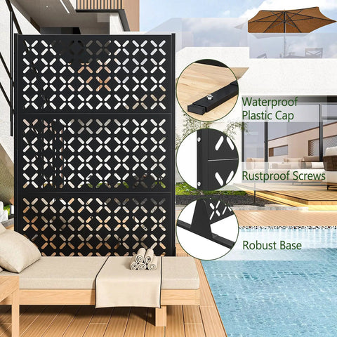 72 Inch Metal Outdoor Privacy Screen Panel Freestanding Decorative Fence X Black by a pool with detailed features shown