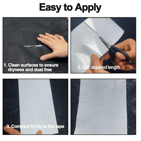 Steps to apply Waterproof Repair Tape For Awning And Canvas 4 Inch By 20 Foot Outdoor Patch Tape For Tents, Boat Covers, Tarps and Sails.