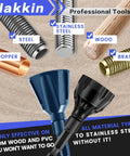 Hakkin deburring external chamfer tool set with tungsten carbide blades; blue and black hex-shank bits