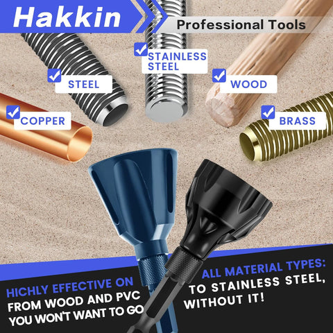 Hakkin deburring external chamfer tool set with tungsten carbide blades; blue and black hex-shank bits