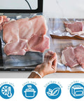 Hands holding Go To Pro Grade Vacuum Sealer Bags Set 6x8, 8x10, 10x10 Inches, 300 Pack BPA Free Pouches with meat inside