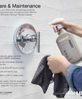 Person cleaning shower fixture with Kohler faucet cleaner for maintenance.