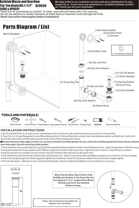 Parts diagram of One And A Half Inch Black Tubular Bath Drain Kit With Tip Toe Touch Toe Drain Stopper Overflow Plug Face Plate Screws And Oil Rubbed Bronze Finish For No Fuss Easy Tub Drain Replacement