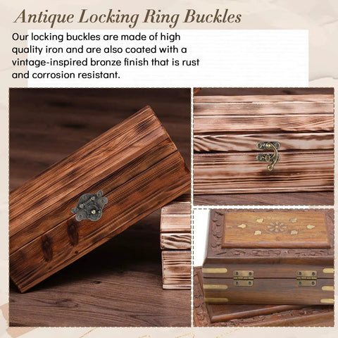 Antique Bronze Mini Hinges And Latches Set For Wooden Jewelry Boxes With Screws Includes 12 Mini Hinges And 6 Locks installed on wood box