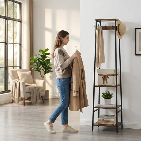 Woman using Freestanding Coat Rack With Seven Hooks And Three Shelves For Entryway Or Hallway, Industrial Rustic Brown And Black Finish