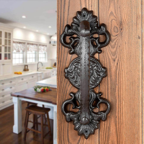 Heavy Duty 2 Pack 5.46 Inch Dark Brown Cast Iron Barn Door Handles Rustic Vintage Gate Fence Outdoor Garage Closet Cabinet Drawer Pulls Sturdy Rust Resistant Long Lasting With Retro Charm installed on wooden door