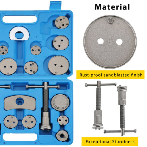 Acymner 24-piece disc brake caliper tool kit in blue case with metal discs and caliper compressor.