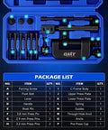 Motorcycle Chain Rivet Tool Kit 20 Piece Set With Blackened C Frame And Pre Press Cap Five Pin Chain Breaker And Cutter For 25 To 630 Chains Pro Grade Beefed Up Bike ATV Motorcycle Chain Repair Kit box contents.