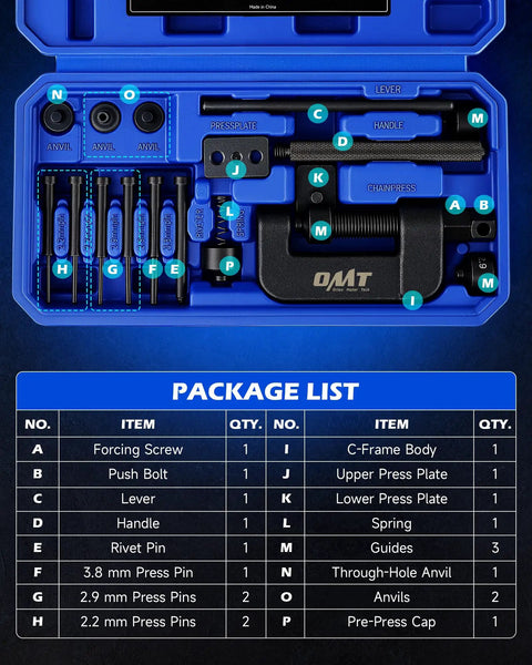 Motorcycle Chain Rivet Tool Kit 20 Piece Set With Blackened C Frame And Pre Press Cap Five Pin Chain Breaker And Cutter For 25 To 630 Chains Pro Grade Beefed Up Bike ATV Motorcycle Chain Repair Kit box contents.