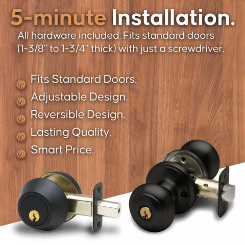 Colonial Door Knob Set With Keyed Alike Deadbolt Black Smudge Resistant Finish Easy Screwdriver Install Concealed Screws