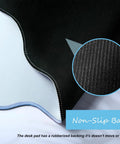 Close-up of scalloped desk pad with edge stitching, black and blue nonslip waterproof rubber base, shown in a detailed view