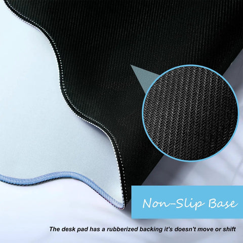 Close-up of scalloped desk pad with edge stitching, black and blue nonslip waterproof rubber base, shown in a detailed view