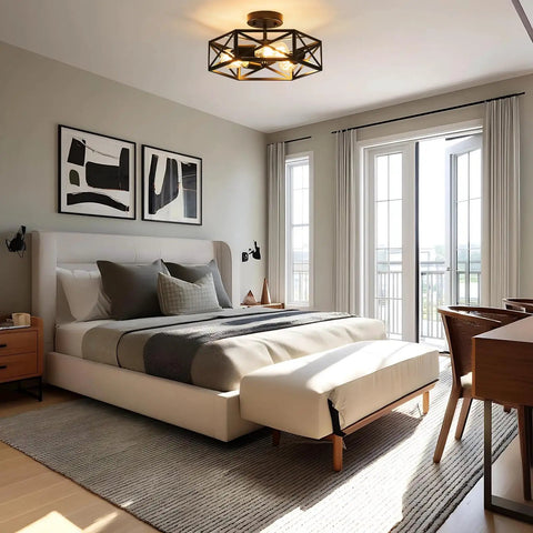 Modern Farmhouse Hexagon Cage Ceiling Light Semi Flush Mount In Matte Black, installed in tranquil bedroom setting.