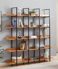 Five Tier Industrial Bookcase With Black Metal Frame And Brown MDF Shelves, Space Saving Storage Organizer for decor display
