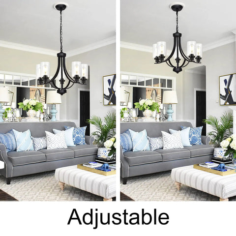 Farmhouse 5-Light Chandelier Pendant Light In Black Finish With Clear Glass Shades over a living room with sofa and decor