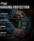 4-Stage Charging Protection with a hand holding the Top Rated 400 Watt DC To AC Power Inverter For Cars RVs And Trailers.