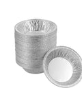 Heavy Duty 5 Inch Mini Pie Pans Pack Of 50 Disposable Aluminum Tart Tins shown stacked and single, ideal for baking.