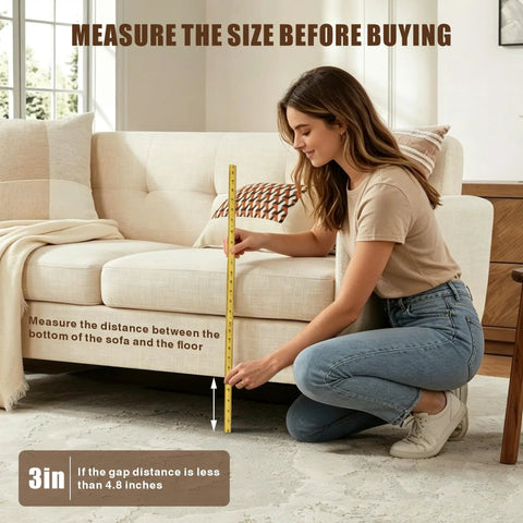 Adjustable 3 By 132 Inch Under Couch Blocker And Bed Gap Stopper Made With Durable Stretch Foam, measuring the gap under a sofa.