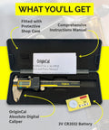 Absolute Origin Digital Caliper 0-8 Inches, IP54 Stainless Steel, SPC USB Output with case, manual, and battery