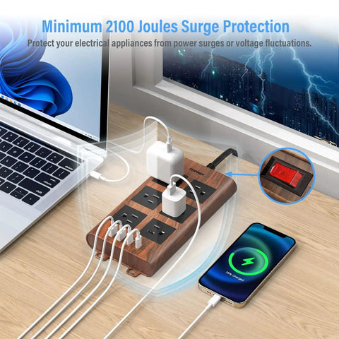 Slick Wood Finish Surge Protector Power Strip With Six Widely Spaced Outlets And Dual USB C Plus Dual USB A Ports on desk.