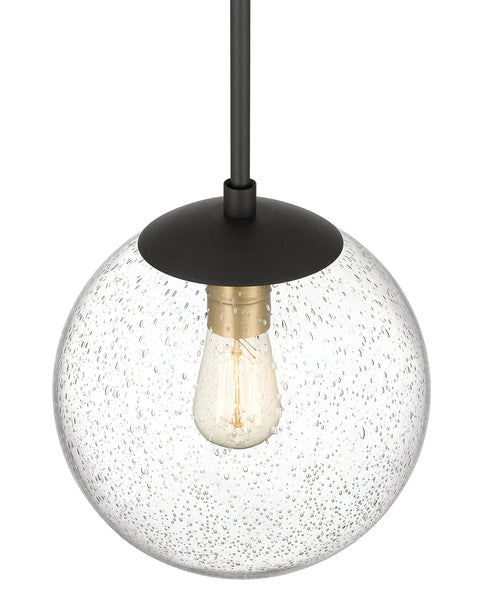 Globe Pendant Light In Black And Gold With Seeded Glass Shade Nine Point Five Inch Modern Ceiling Fixture close-up view