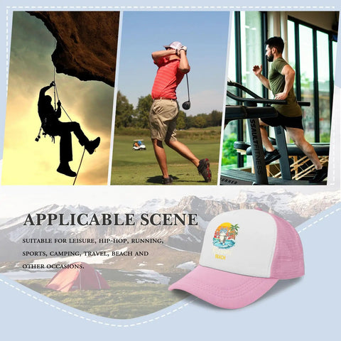 Collage with activities like climbing, golf, and treadmill running alongside Pink Lightweight Mens Beach Cap With Adjustable Buckle.