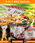 Grill Gear Set With 4-In-1 Spatula, showcasing grease drainer, bottle opener, meat tenderizer, and cutter functions at a BBQ.