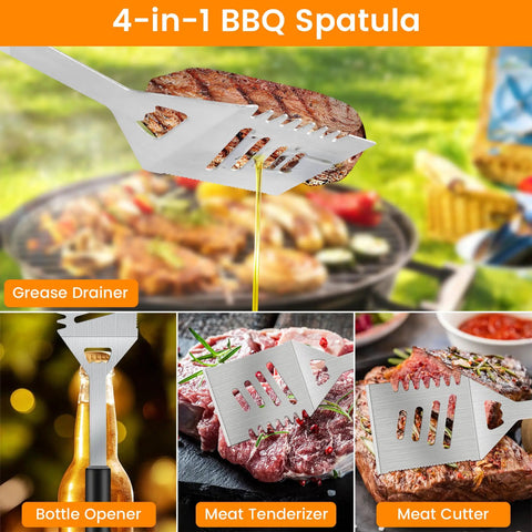 Grill Gear Set With 4-In-1 Spatula, showcasing grease drainer, bottle opener, meat tenderizer, and cutter functions at a BBQ.