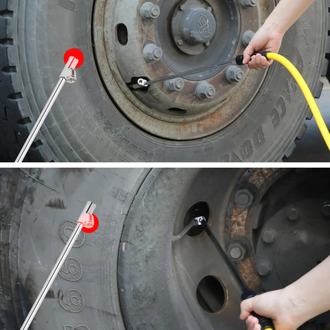 Using Semi Truck Tire Inflator Kit With 3/8 Inch By 50 Foot Air Hose Universal Glad Hand 13 Inch Extended Reach Dual Foot Locking Air Chuck