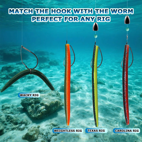 Pro Bass Fishing Wacky Rig Kit With 143 Piece Set Soft Plastic Worms in Four Colors underwater view
