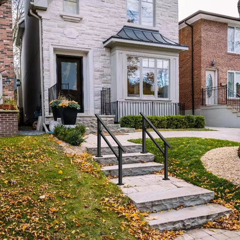 Heavy Duty Metal Handrail For Outdoor Steps Weather Resistant Powder Finish Crushes 600 Pounds Without Breaking A Sweat on stone stairs.
