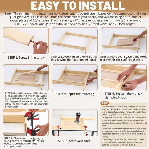 Installation steps for Slick Adjustable Juice Groove Router Jig With 8 Spacers And Four 1/4 Inch Shank Bits for perfect cuts.