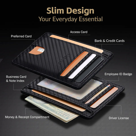 Ultra Slim Front Pocket Wallet For Men, RFID Blocking Credit Card Holder displaying multiple card slots and compartments