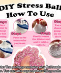 DIY Stress Ball Making Kit instructions with pink beads, sealing rubber rings, cable ties, and balloon expander for stress relief