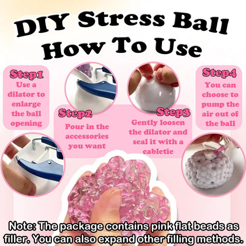 DIY Stress Ball Making Kit instructions with pink beads, sealing rubber rings, cable ties, and balloon expander for stress relief