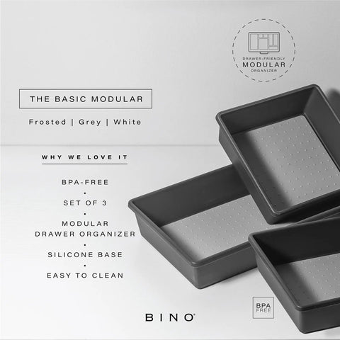 Go To Three Piece Drawer Organizer Bin Set Large Gray BPA Free Durable Plastic With Soft Grip Lining And Non Slip Feet Multi Purpose Storage shown.