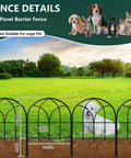 No Dig Garden Fence Barrier Set, 19 Piece Arch Metal Fence Panels In Black, installed in yard with pet and measurement details