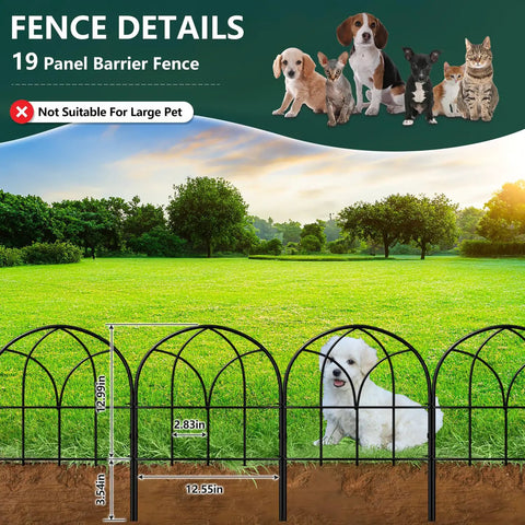 No Dig Garden Fence Barrier Set, 19 Piece Arch Metal Fence Panels In Black, installed in yard with pet and measurement details