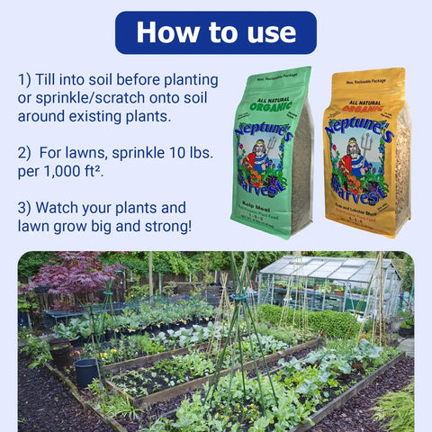 How to use Crab And Lobster Shell Plant Food 5-3-0 With Kelp Meal 1-0-2 Dual Pack Organic Fertilizer For Lawn And Garden That Boosts Soil Health Root Strength Moisture Retention And Big Growth.