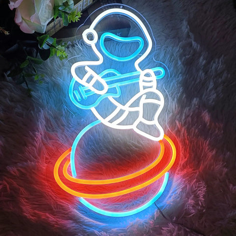 Spacecraft Neon Sign LED Wall Light For Bedroom And Kids Room Decor, astronaut with guitar neon glow on planet