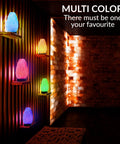 Multicolor USB LED Salt Lamp With Plastic Base For Home Office Dorm Decor, showcasing vibrant colors on wall shelves.