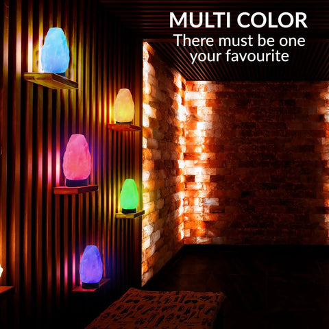 Multicolor USB LED Salt Lamp With Plastic Base For Home Office Dorm Decor, showcasing vibrant colors on wall shelves.