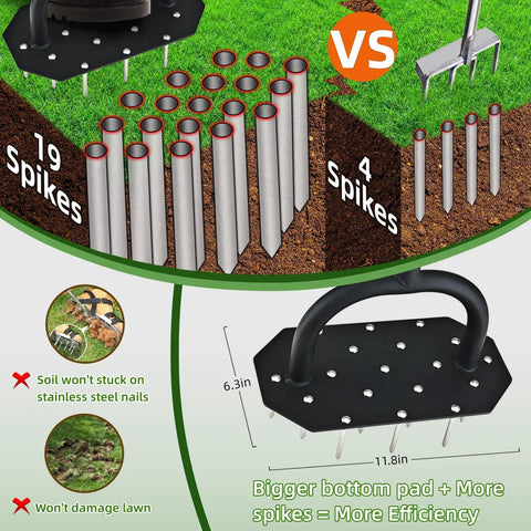 Comparison of manual lawn aerator with 19 stainless steel spikes, 2.7 inch length vs 4 spike tool for dethatching and soil aeration