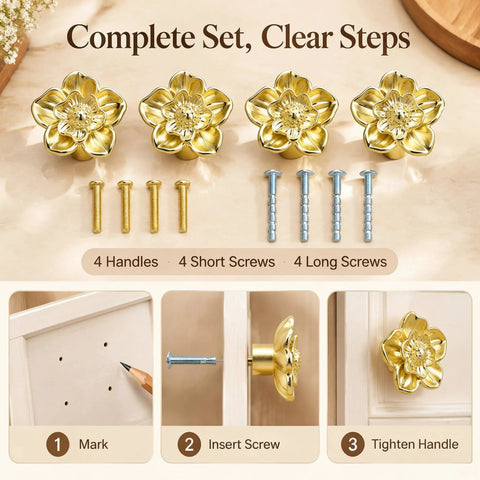 Killer Antique Brass Flower Drawer Knobs Top Notch Zinc Alloy Cabinet Pulls Heavy Duty Vintage Hardware No Hassle Installation Set Of Four with screws.