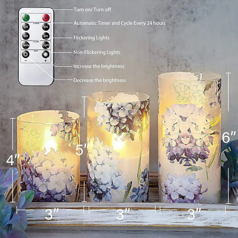 Blue Violet Hydrangea Flameless Candles Set With LED Flicker And Remote Dim, Battery Operated Wax Candles for Romantic Dinner