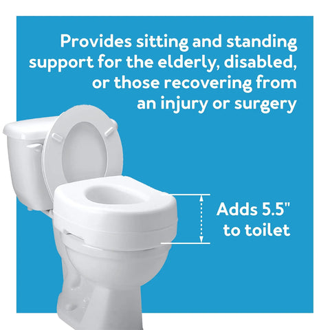 5.5 Inch Toilet Seat Riser For Seniors And Recovery installed on toilet, showing 5.5 inch height increase and slip-resistant fit