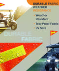 Collage with orange golf cart safety flag on a cart, close-up of reflective strip, and flag on cart in rain. Durable fabric emphasis.